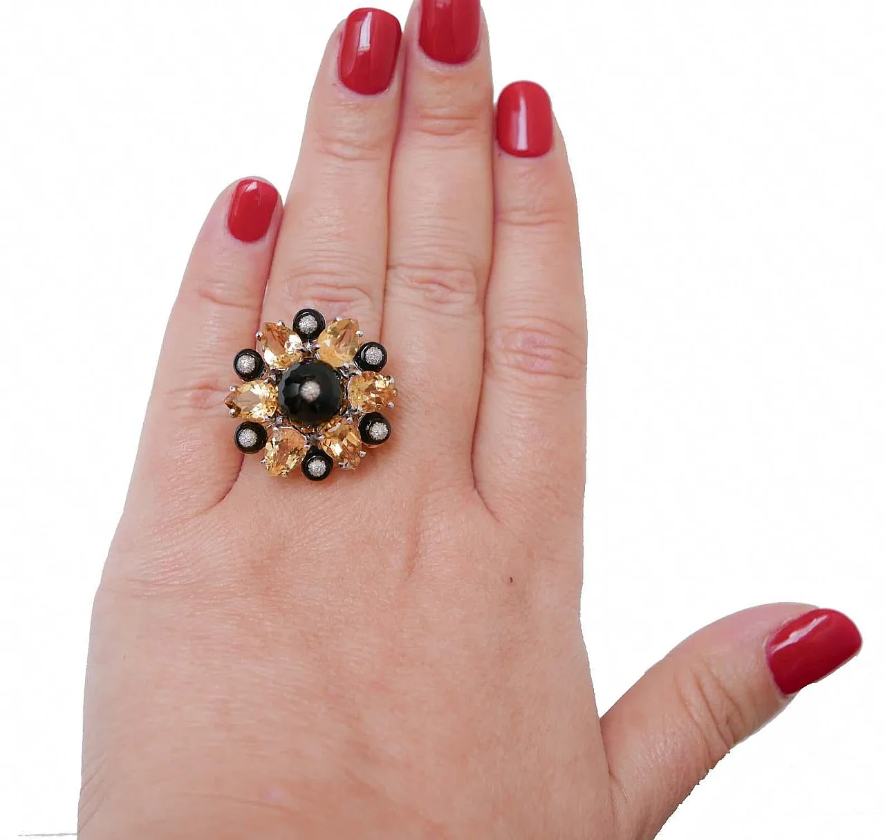 Anello in onice, topazio, diamanti, oro rosa e argento, anni '70 4