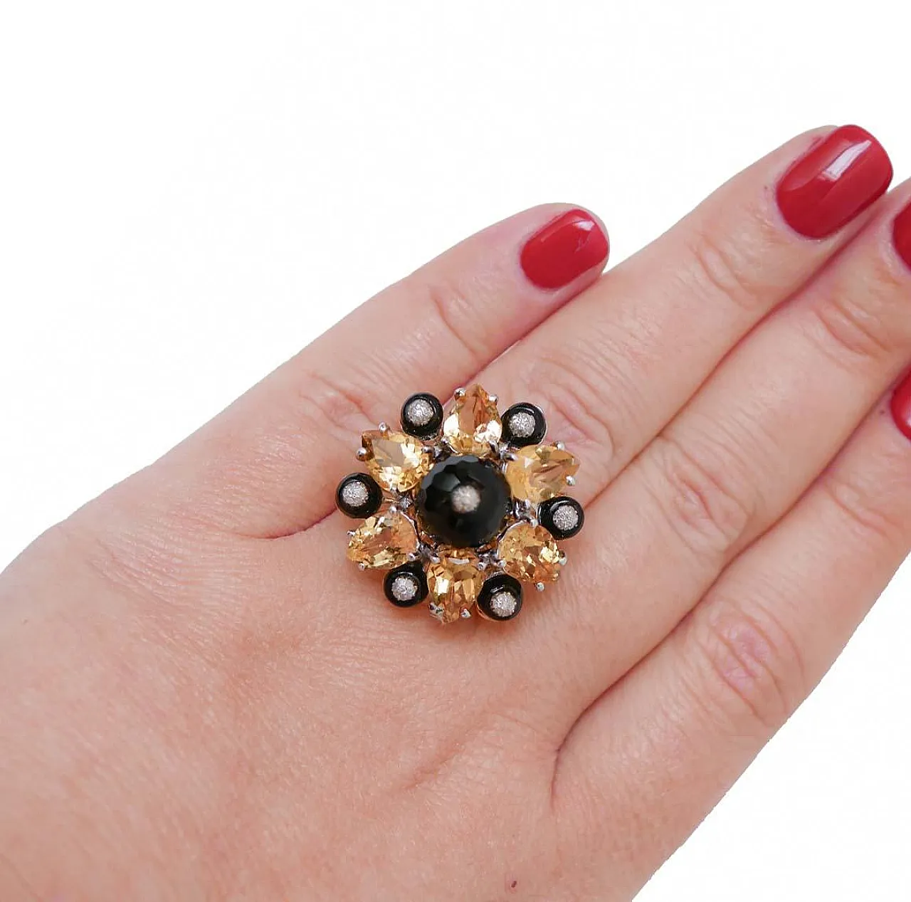 Anello in onice, topazio, diamanti, oro rosa e argento, anni '70 5