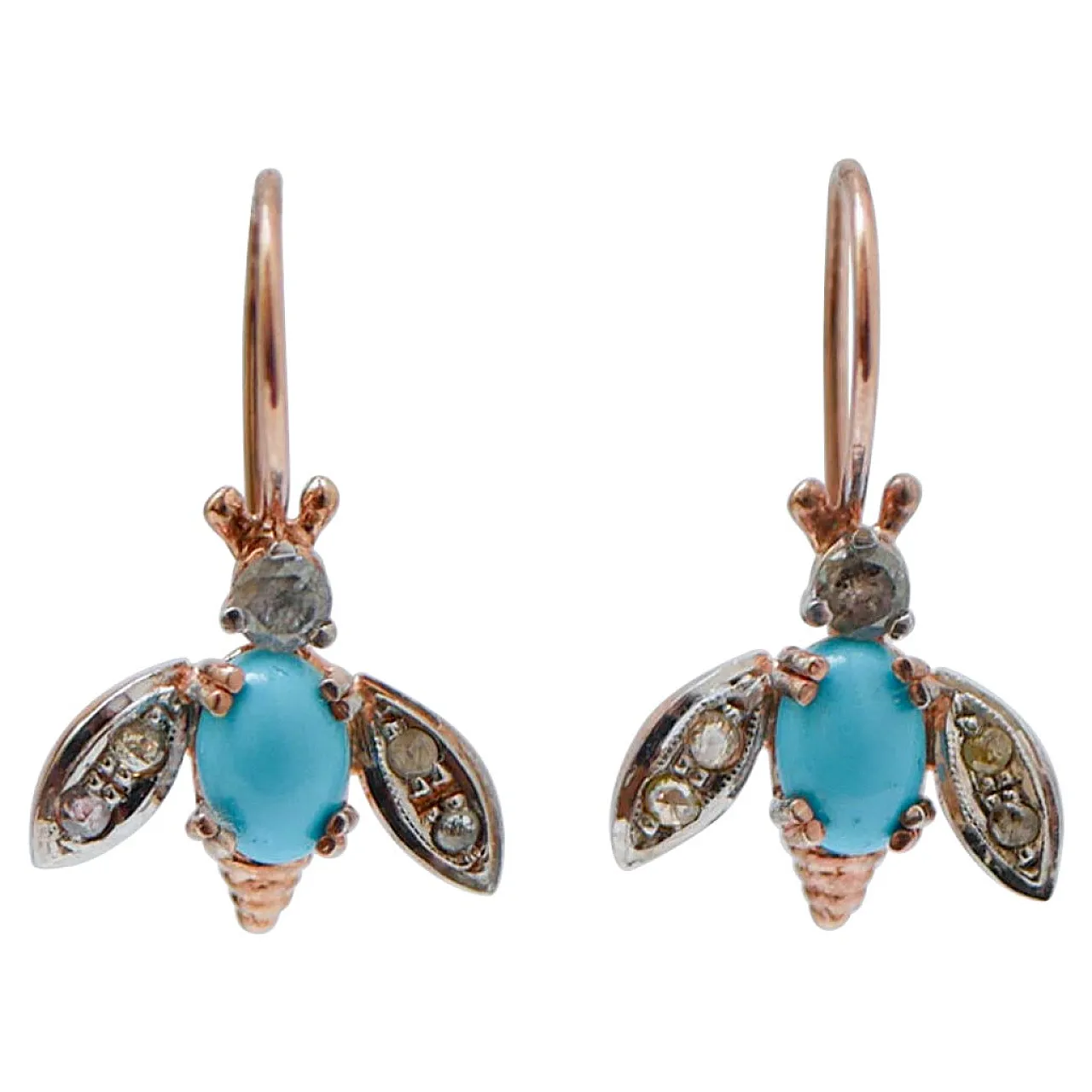 Orecchini a mosca in turchese, diamanti, oro rosa e argento, anni '70 1