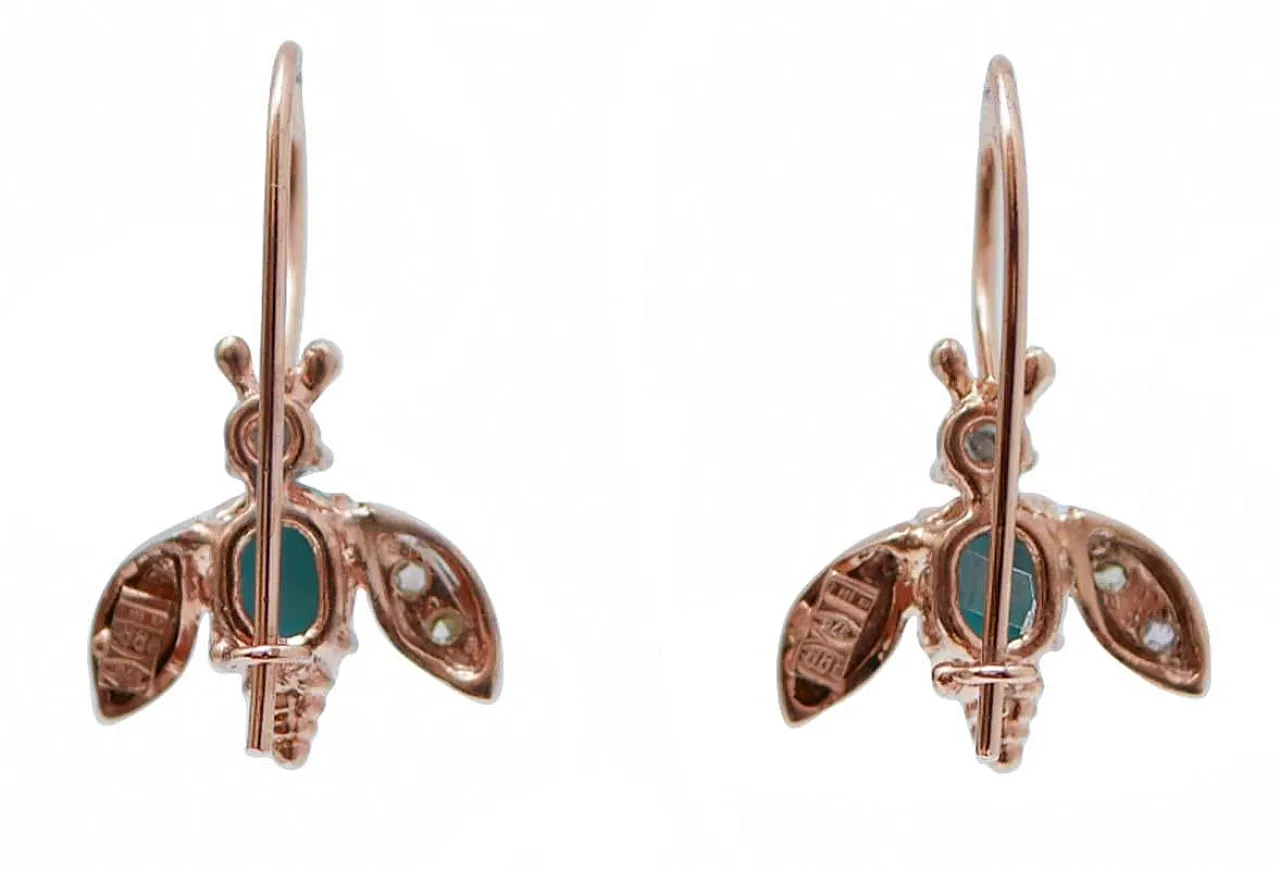 Orecchini a mosca in turchese, diamanti, oro rosa e argento, anni '70 3