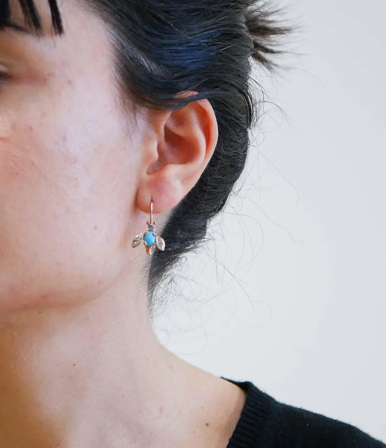 Orecchini a mosca in turchese, diamanti, oro rosa e argento, anni '70 4