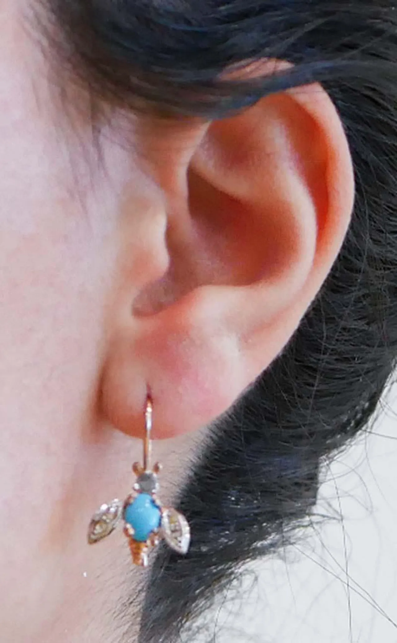 Orecchini a mosca in turchese, diamanti, oro rosa e argento, anni '70 5