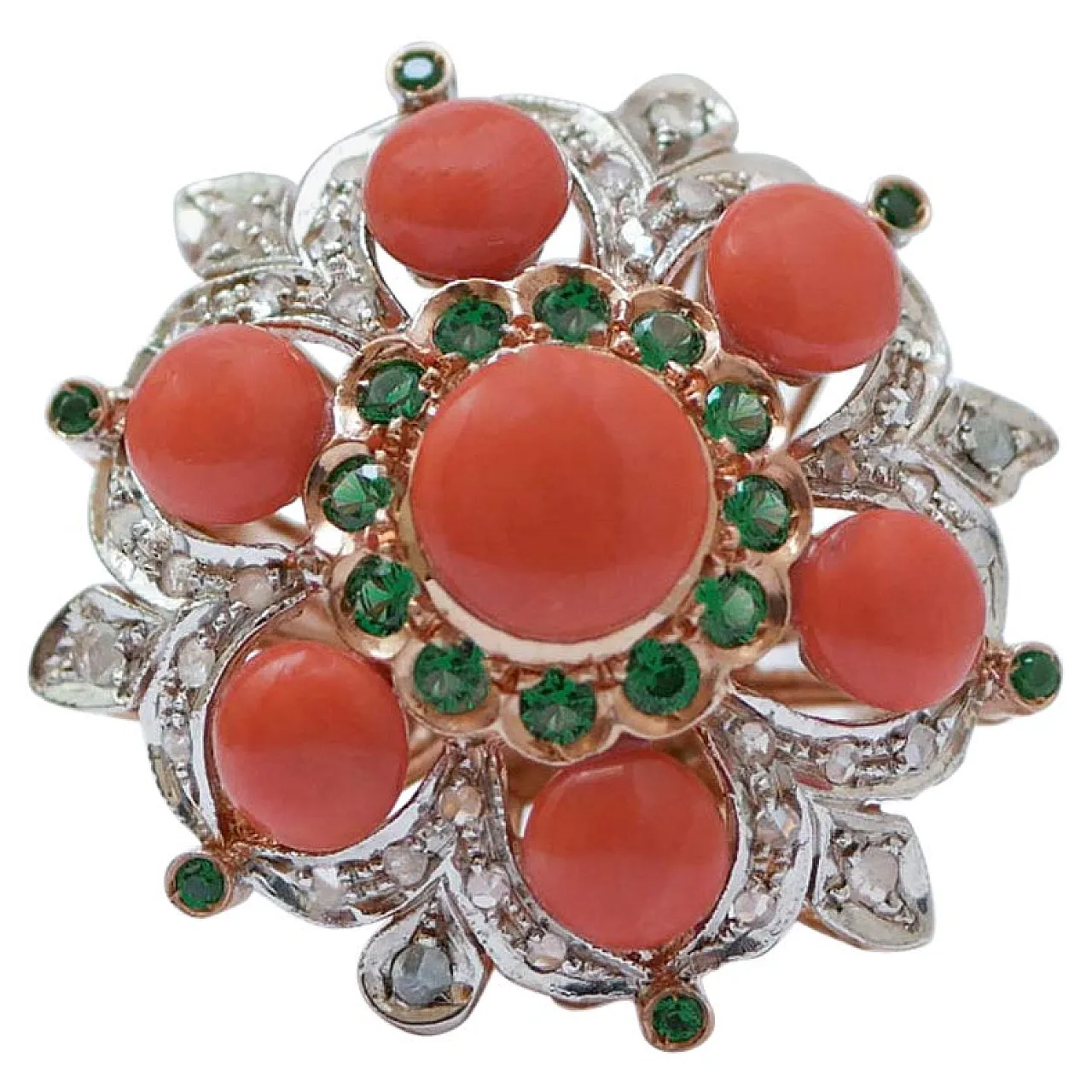 Coral, tsavorite, diamonds, rose gold and silver ring, 1950s 1