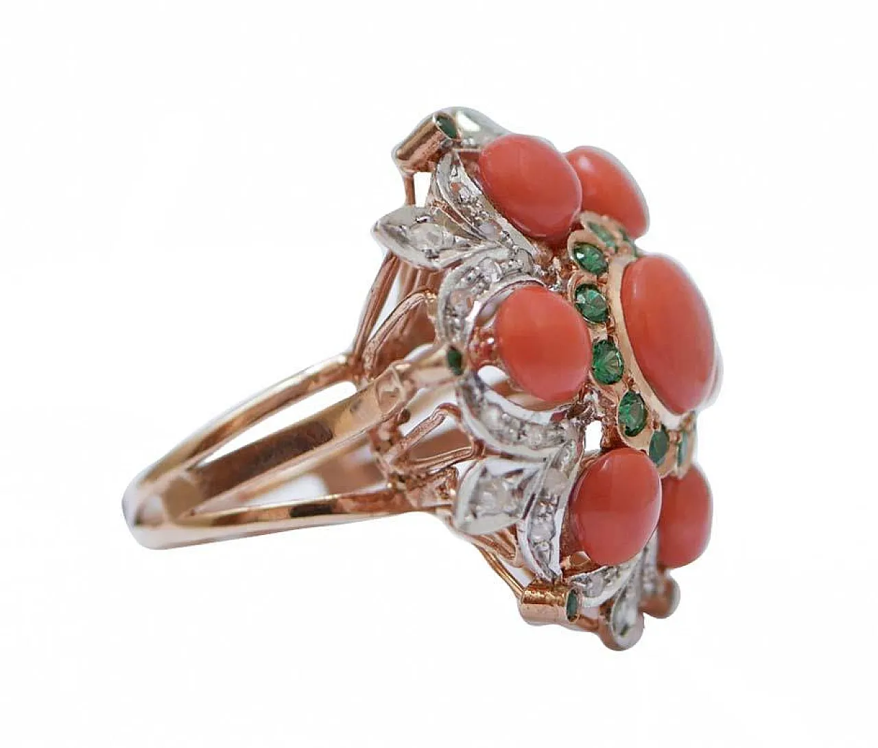 Coral, tsavorite, diamonds, rose gold and silver ring, 1950s 2