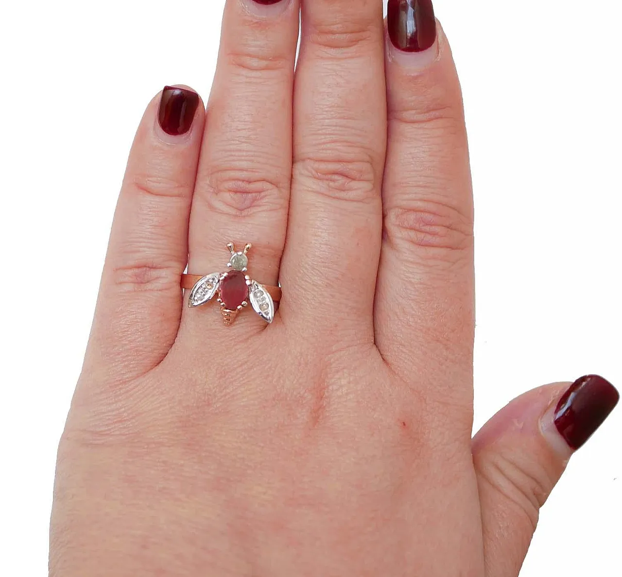 Garnet, diamonds, rose gold and silver fly ring, 1970s 4