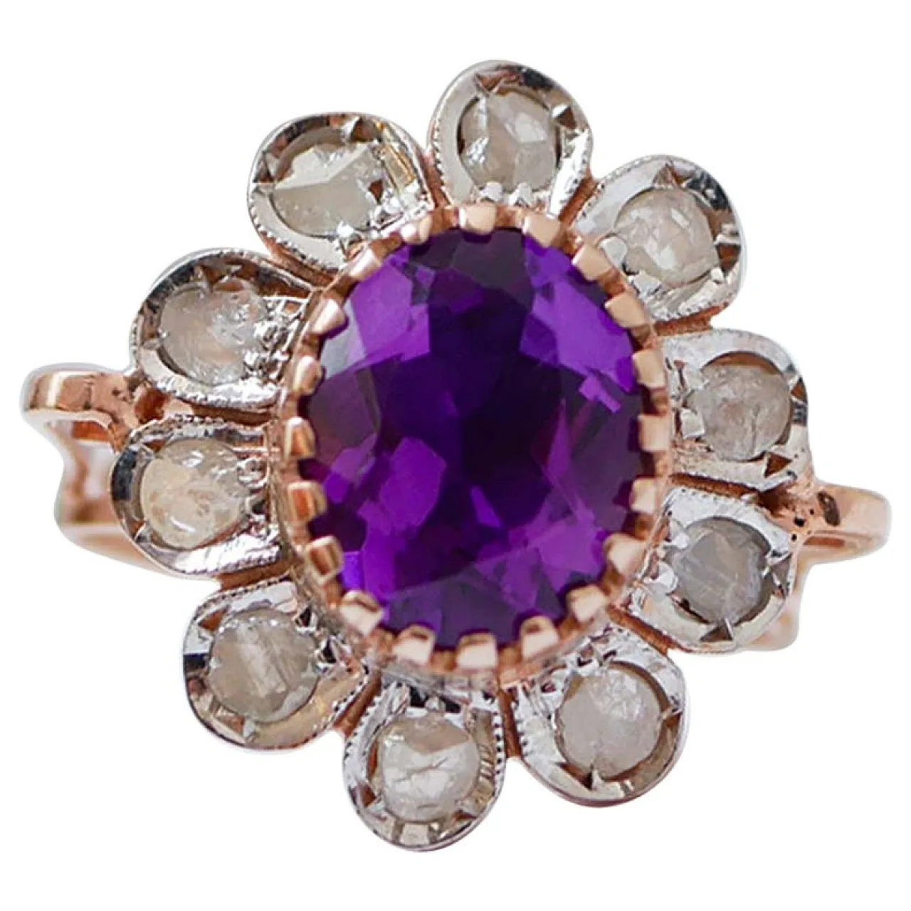 Anello floreale in ametista, diamanti, oro rosa e argento, anni '70 1