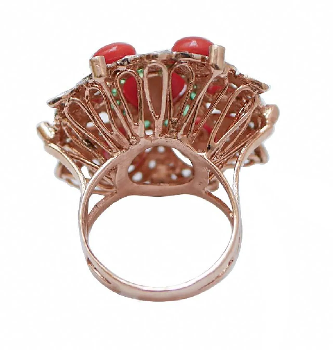 Coral, tsavorite, diamonds, rose gold and silver ring, 1950s 3