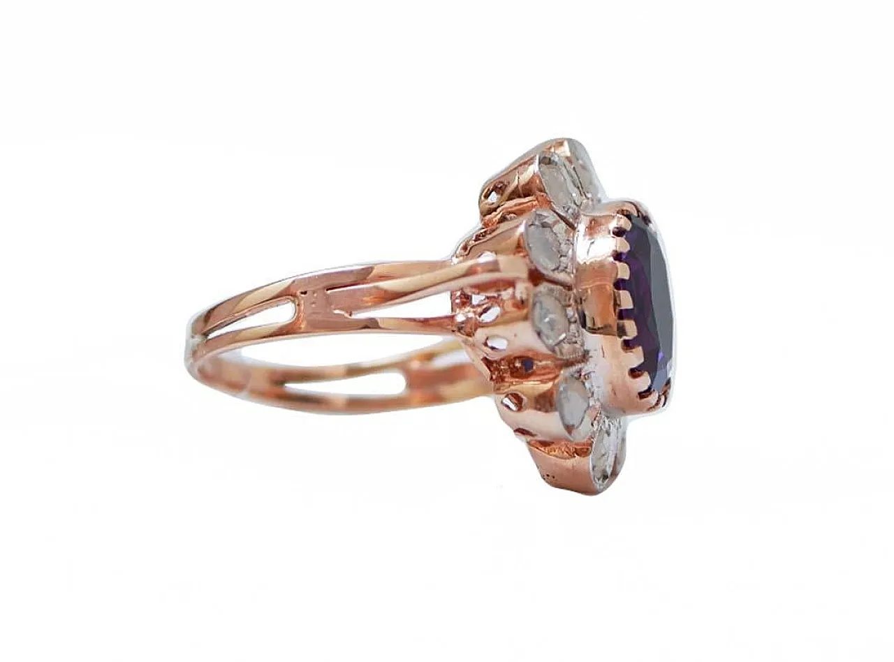 Anello floreale in ametista, diamanti, oro rosa e argento, anni '70 2