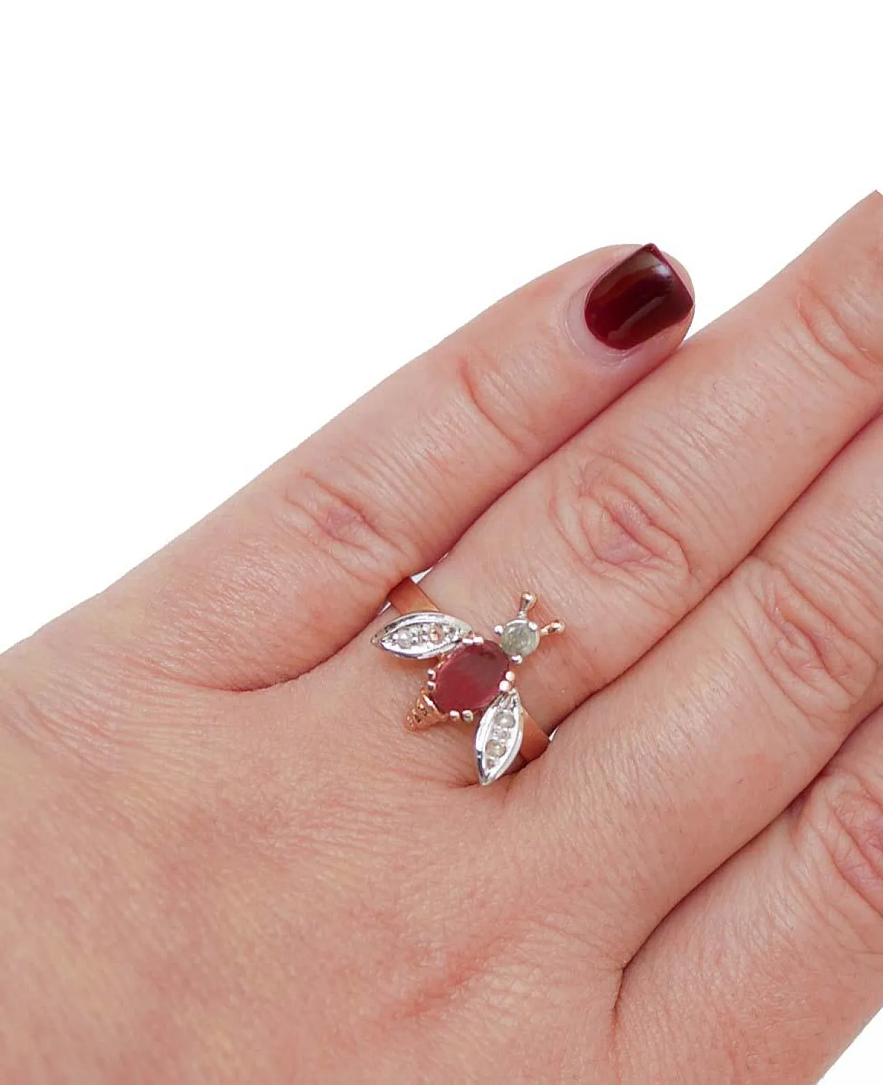 Garnet, diamonds, rose gold and silver fly ring, 1970s 5