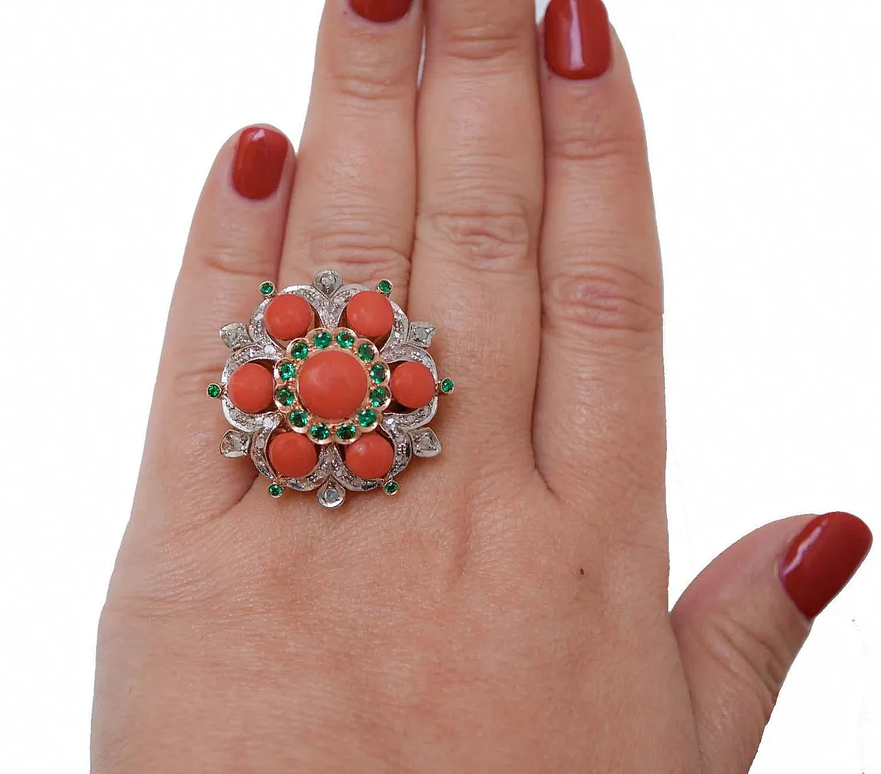 Coral, tsavorite, diamonds, rose gold and silver ring, 1950s 4