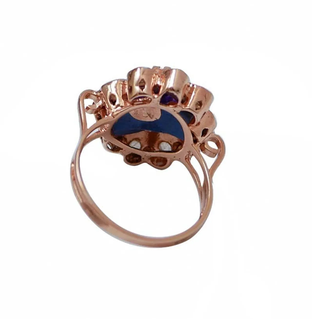 Anello floreale in ametista, diamanti, oro rosa e argento, anni '70 3
