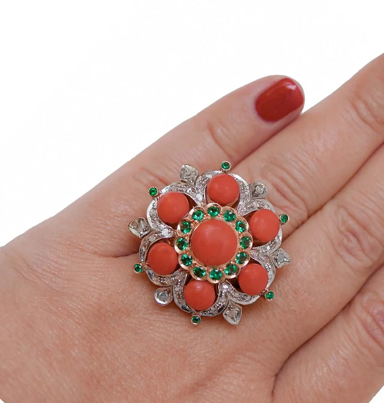 Coral, tsavorite, diamonds, rose gold and silver ring, 1950s 5