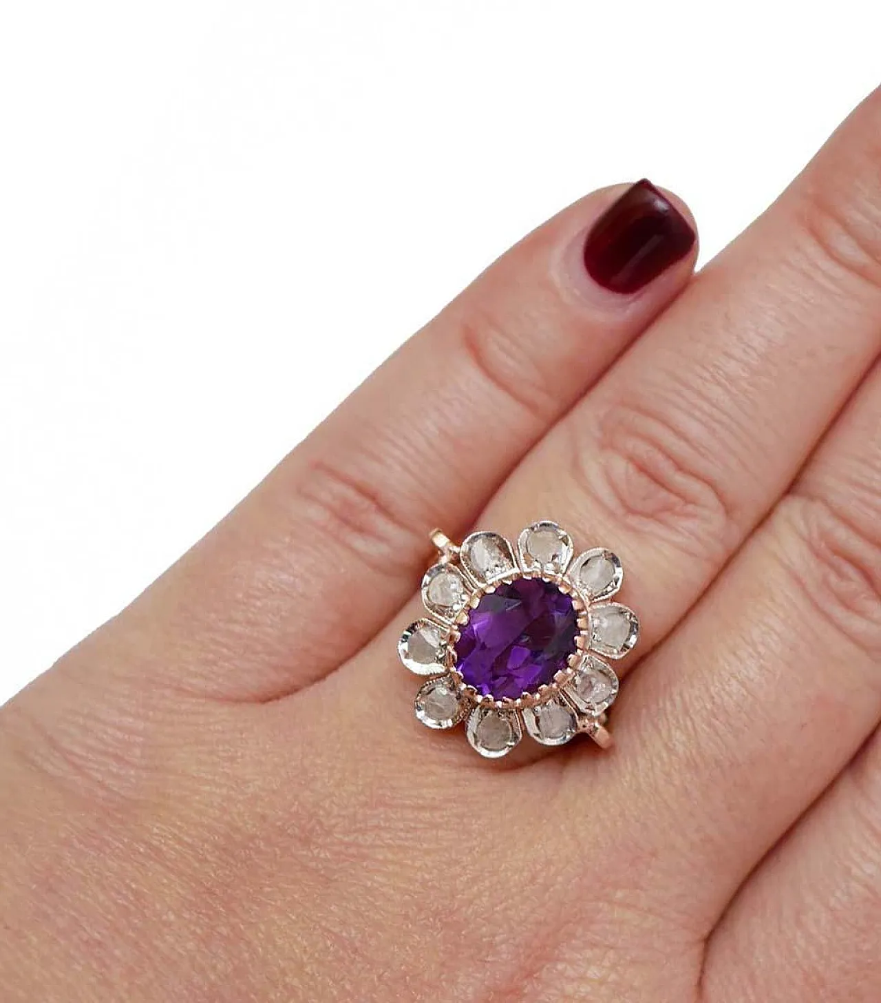 Anello floreale in ametista, diamanti, oro rosa e argento, anni '70 5