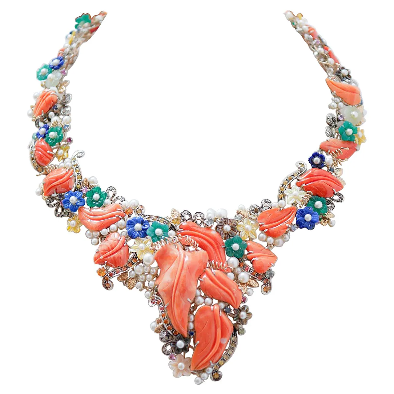 Necklace coral, stones, agate, pearls, diamonds, sapphires, 1950s 1