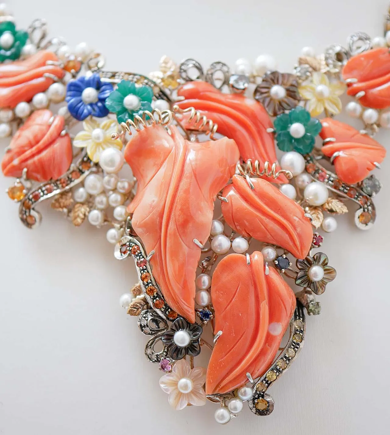 Necklace coral, stones, agate, pearls, diamonds, sapphires, 1950s 2