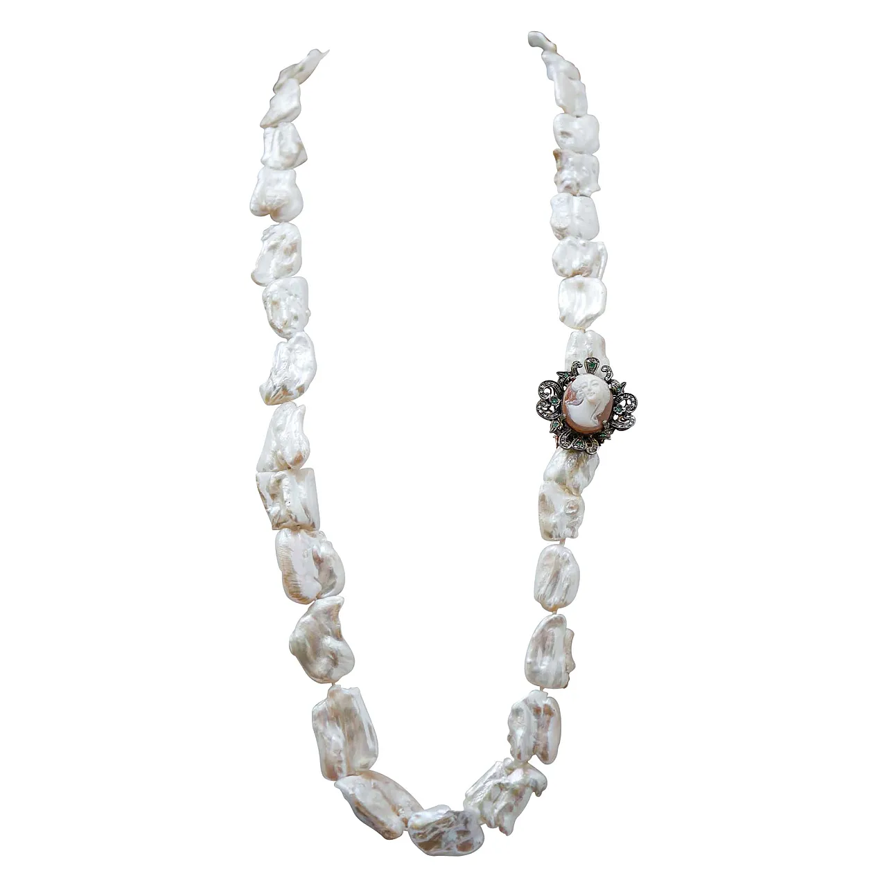 Collana barocca con perle, smeraldi, cammeo, diamanti, oro, anni '50 1