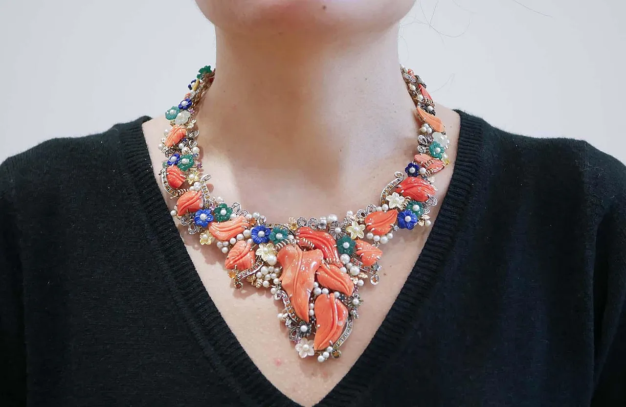 Necklace coral, stones, agate, pearls, diamonds, sapphires, 1950s 5