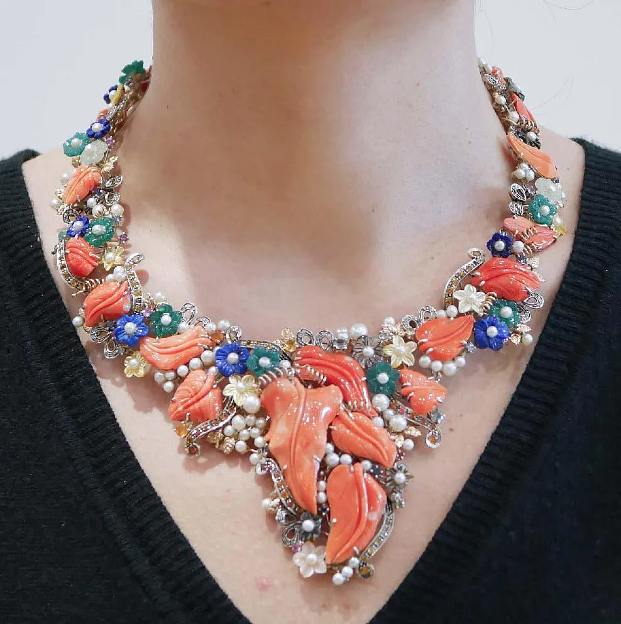 Necklace coral, stones, agate, pearls, diamonds, sapphires, 1950s 6