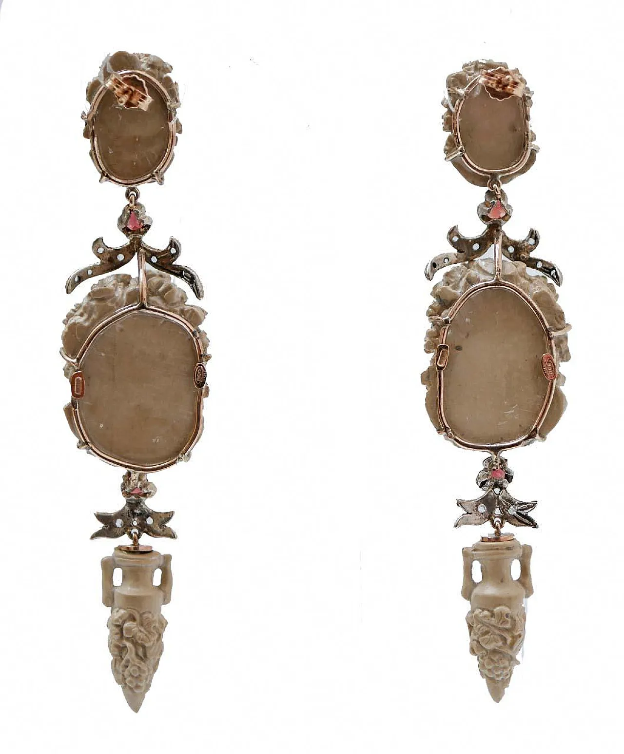 Orecchini in pietra lavica, granati, diamanti, oro e argento, anni '50 3