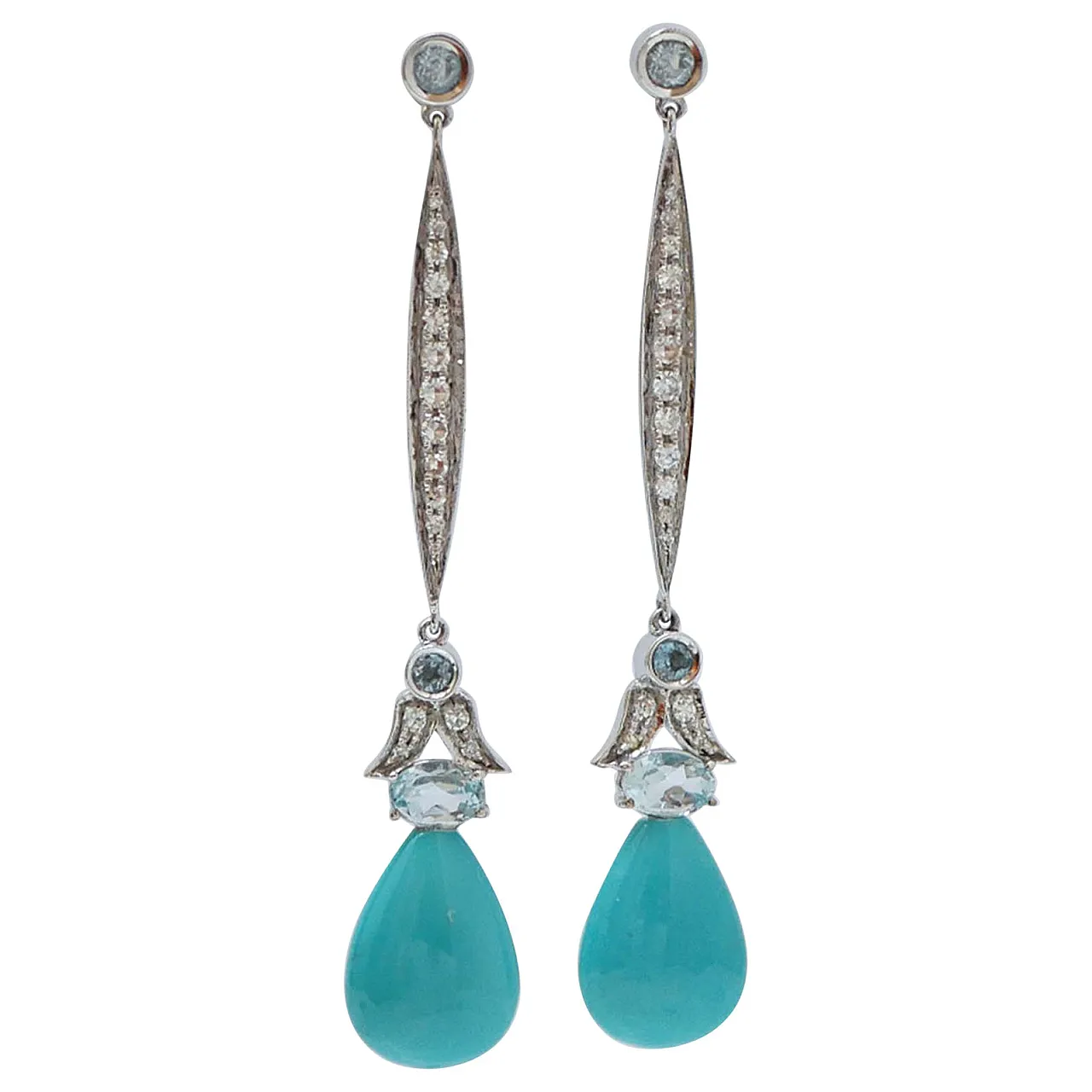Aquamarine colour topaz, turquoise, diamonds, gold earrings, 1970s 1