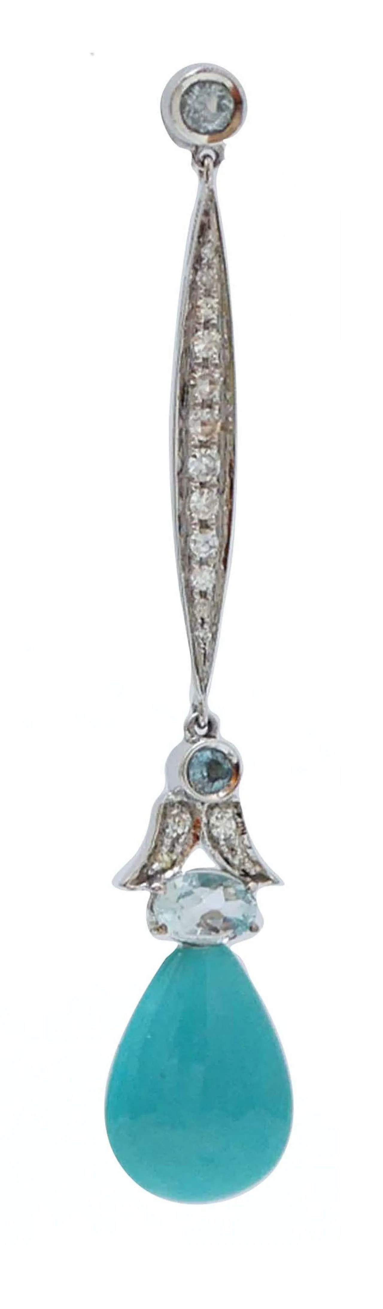 Aquamarine colour topaz, turquoise, diamonds, gold earrings, 1970s 2