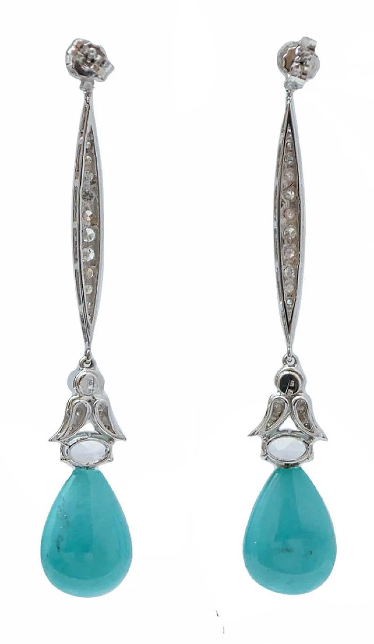 Aquamarine colour topaz, turquoise, diamonds, gold earrings, 1970s 3