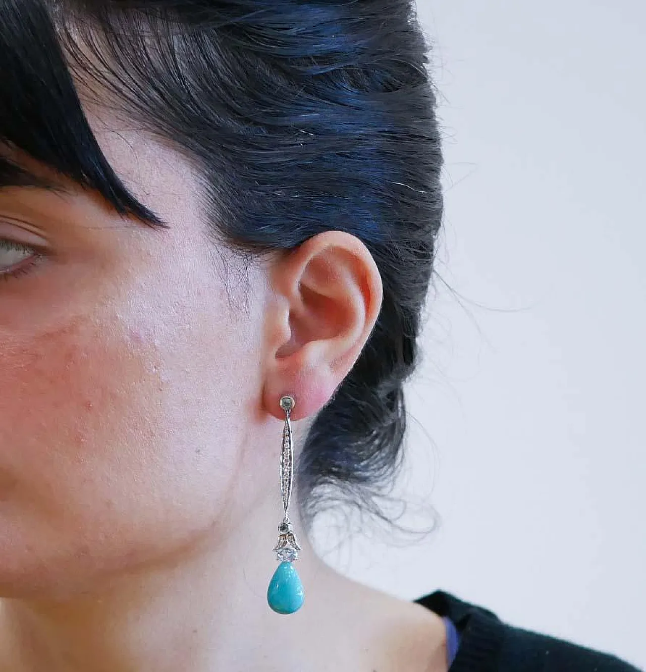 Aquamarine colour topaz, turquoise, diamonds, gold earrings, 1970s 4