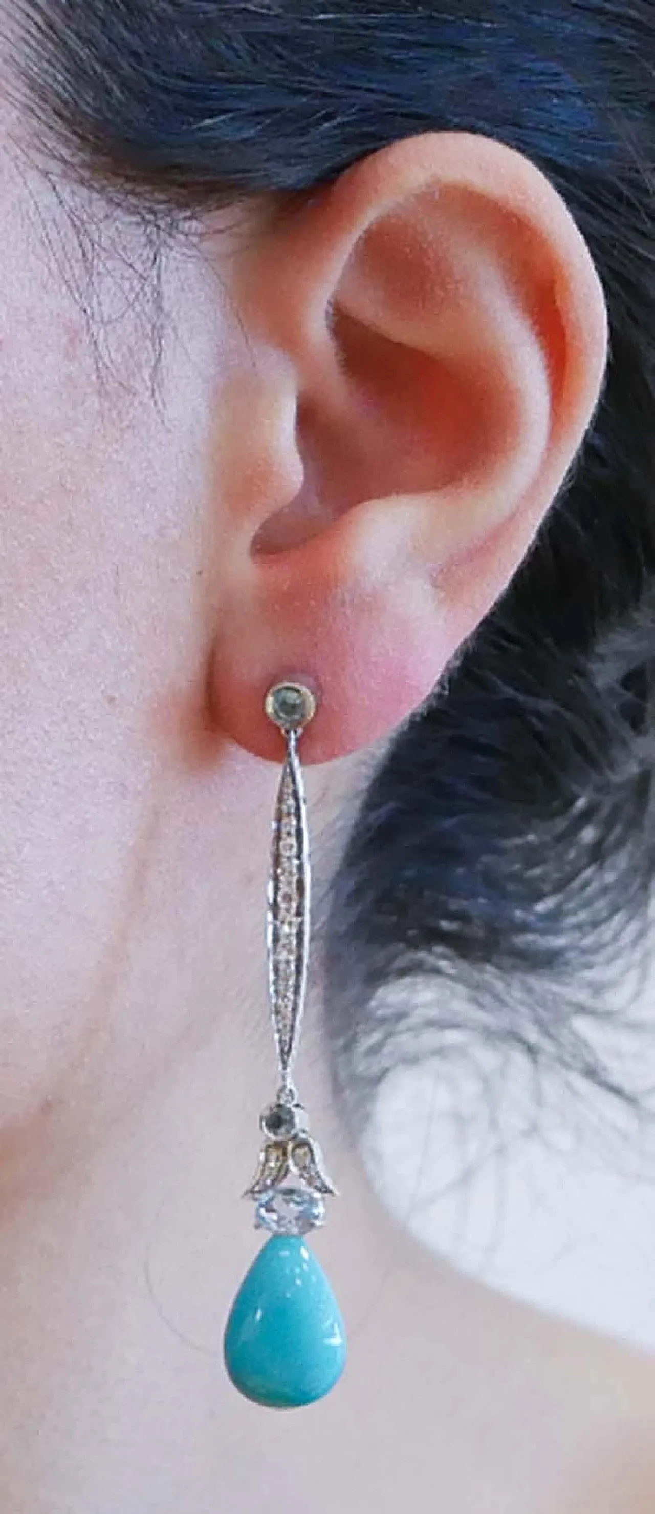 Aquamarine colour topaz, turquoise, diamonds, gold earrings, 1970s 5