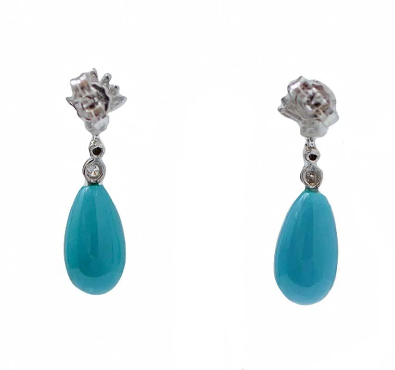 Turquoise, diamonds 14 karat white gold earrings, 1970s 3