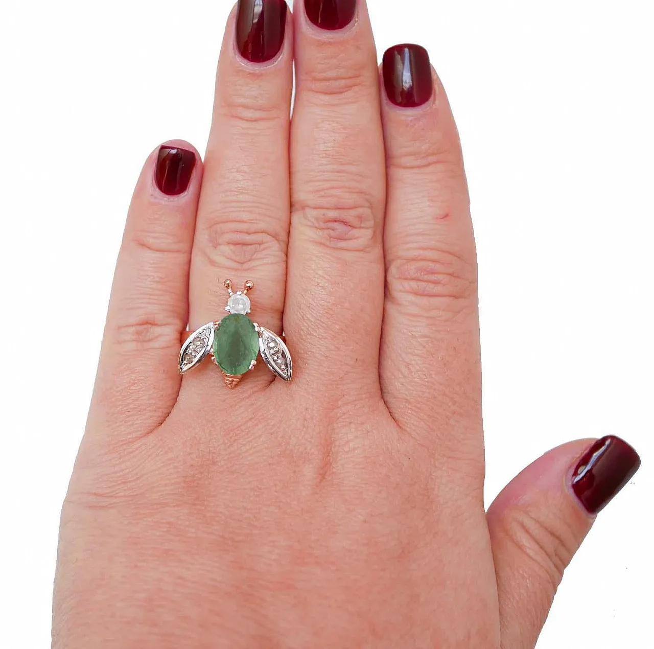 Emerald, diamond, rose gold and silver ring, 1970s 4