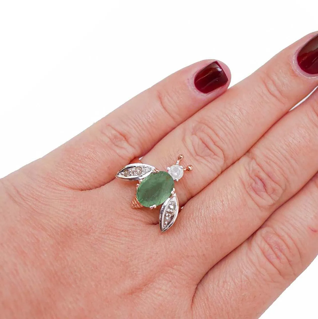 Emerald, diamond, rose gold and silver ring, 1970s 5