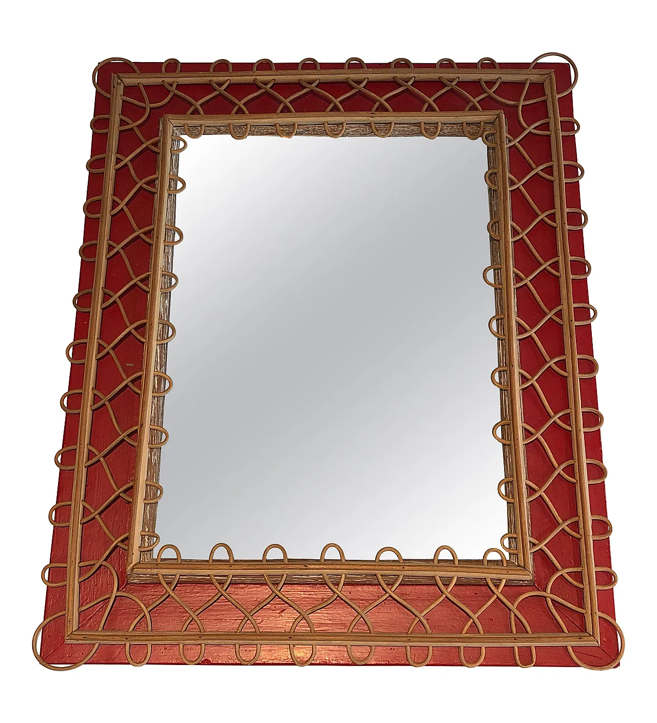 Specchio in rattan su sfondo rosso, anni '40 1