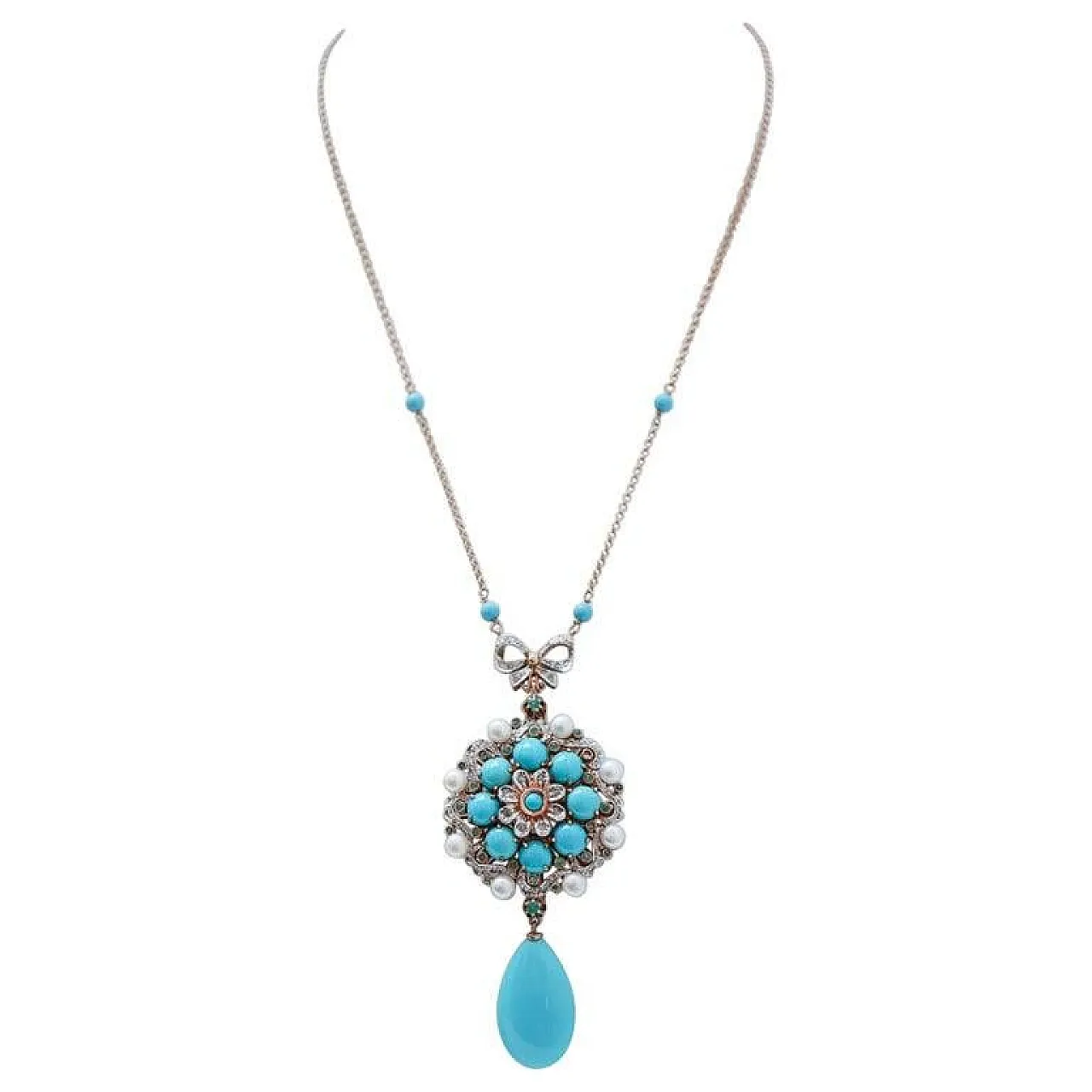 Collana in turchese, perle, smeraldi, diamanti, oro e argento, anni 70 2