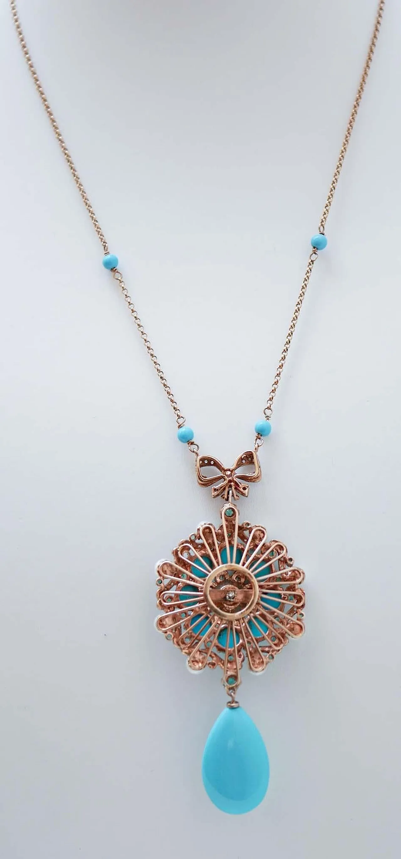 Collana in turchese, perle, smeraldi, diamanti, oro e argento, anni 70 4