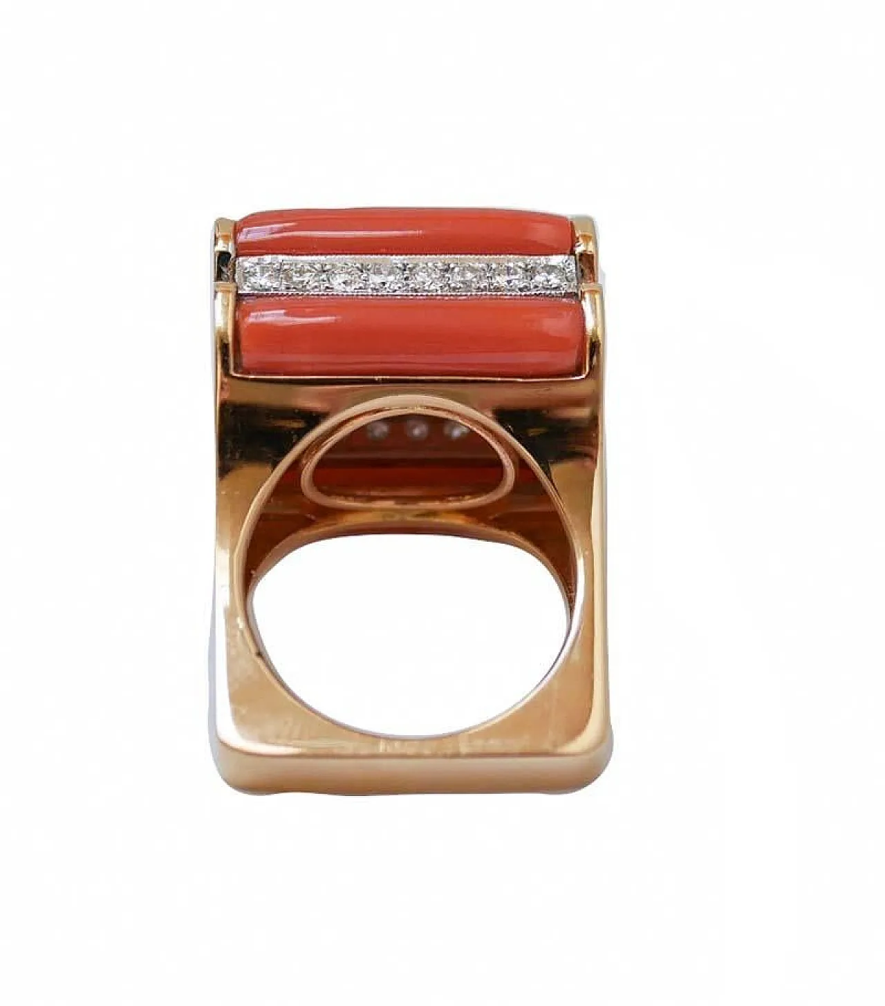 Anello con corallo, diamanti e oro rosa 14 carati, anni '50 3