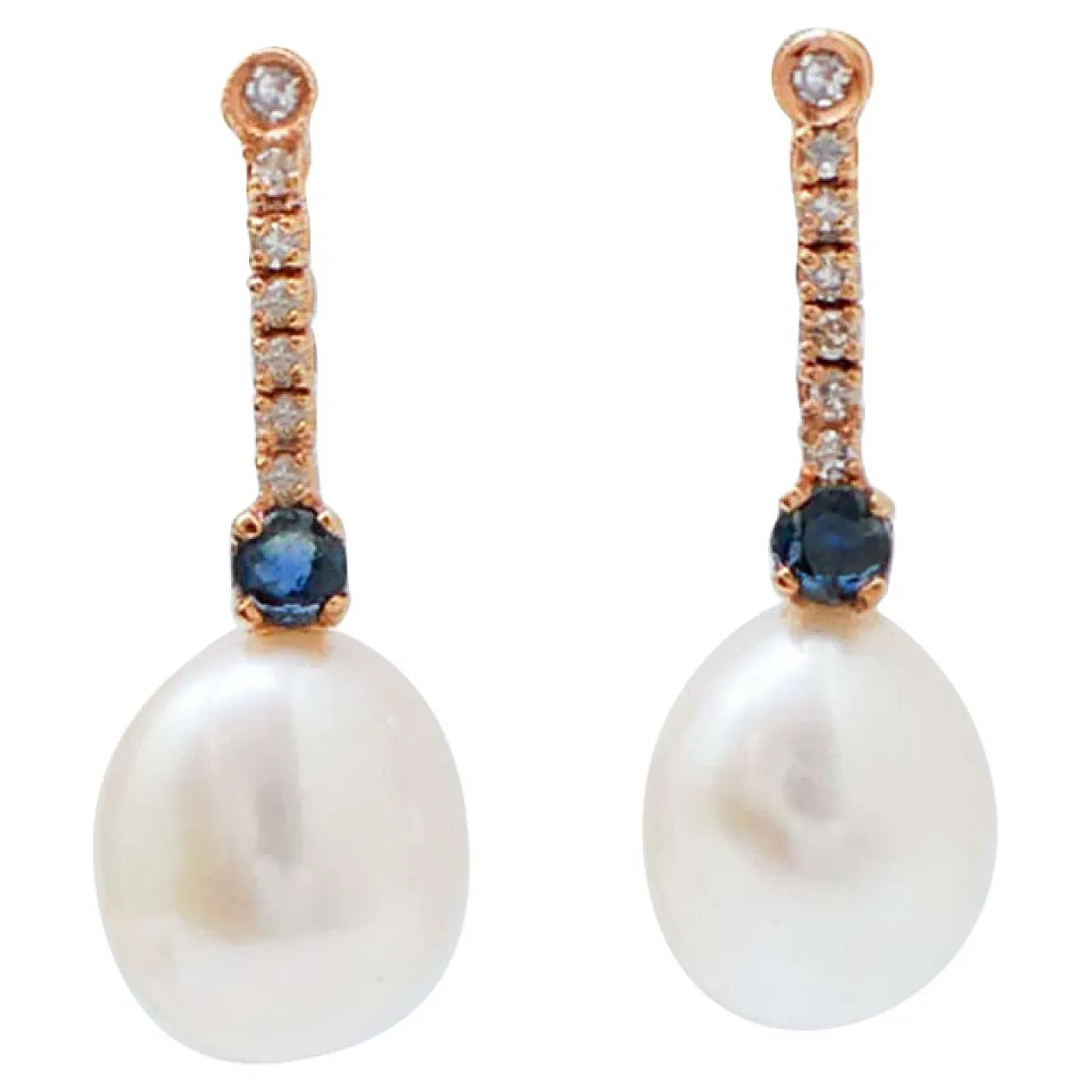 Precchini da tennis in oro rosa, perle, zaffiri, diamanti, anni 2000 1
