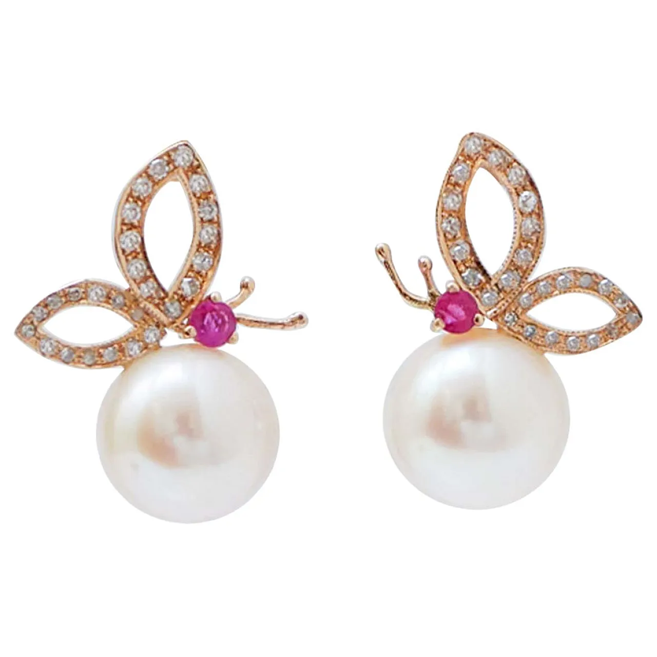 Orecchini in oro rosa 14 carati con perle, rubini, diamanti, anni '70 1