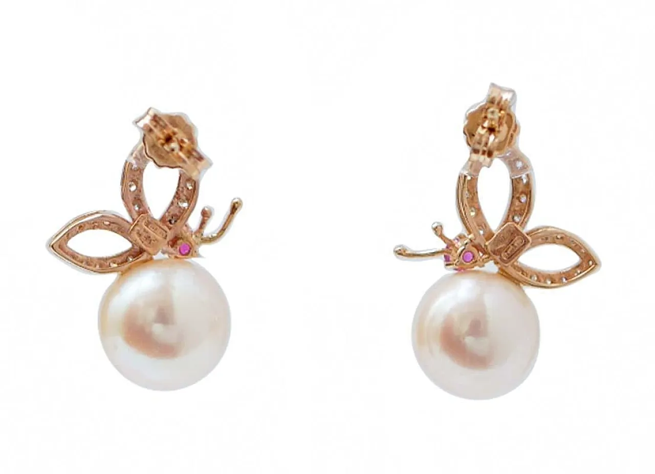 Orecchini in oro rosa 14 carati con perle, rubini, diamanti, anni '70 3