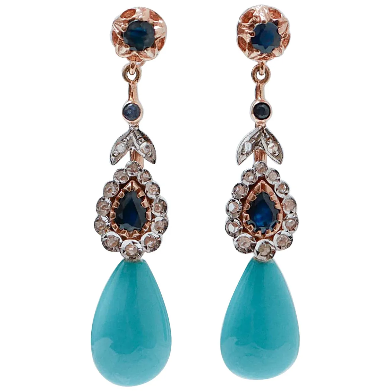 Orecchini in turchese, zaffiri, diamanti, oro e argento, anni 2000 1