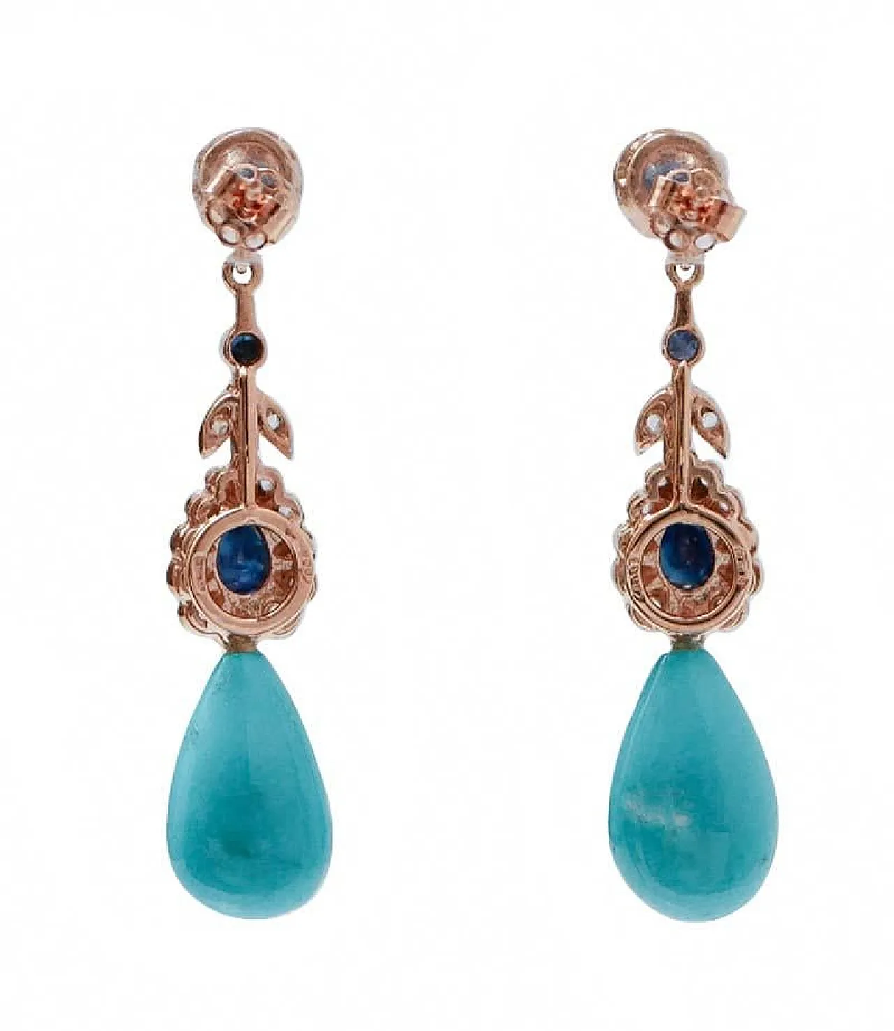 Orecchini in turchese, zaffiri, diamanti, oro e argento, anni 2000 3