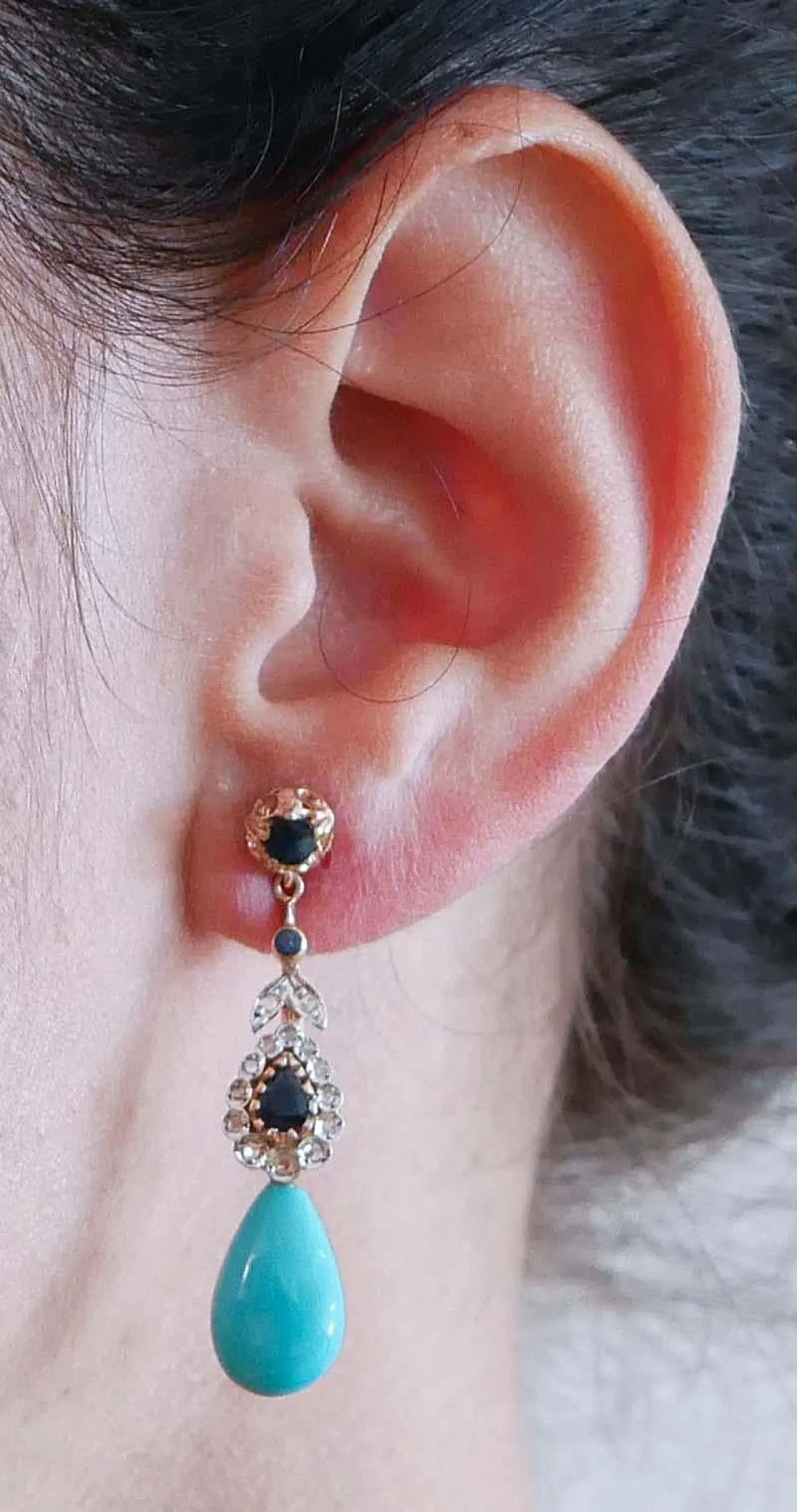 Orecchini in turchese, zaffiri, diamanti, oro e argento, anni 2000 5