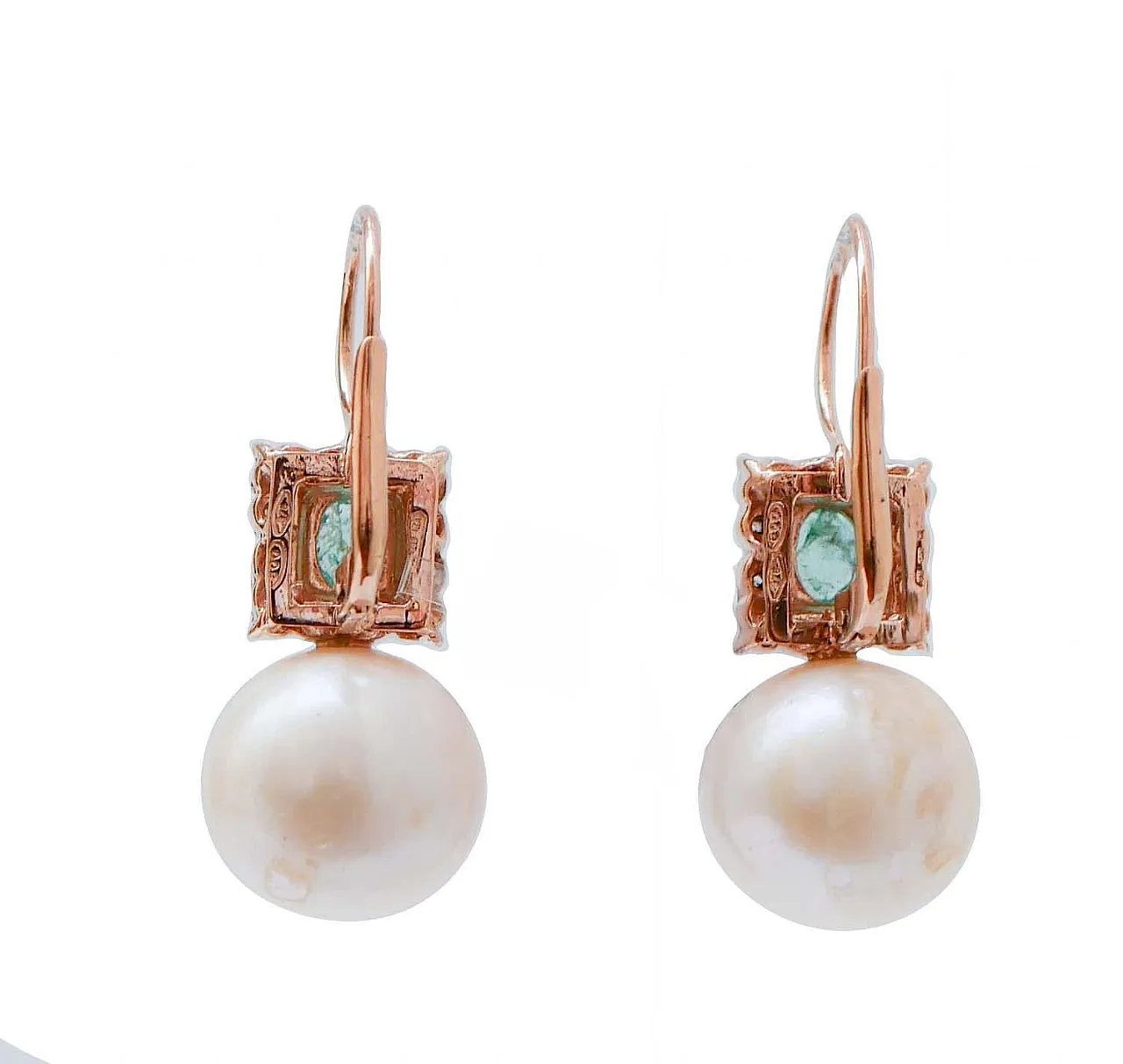 Orecchini con perle, smeraldi, diamanti, oro rosa e argento, anni 2000 3