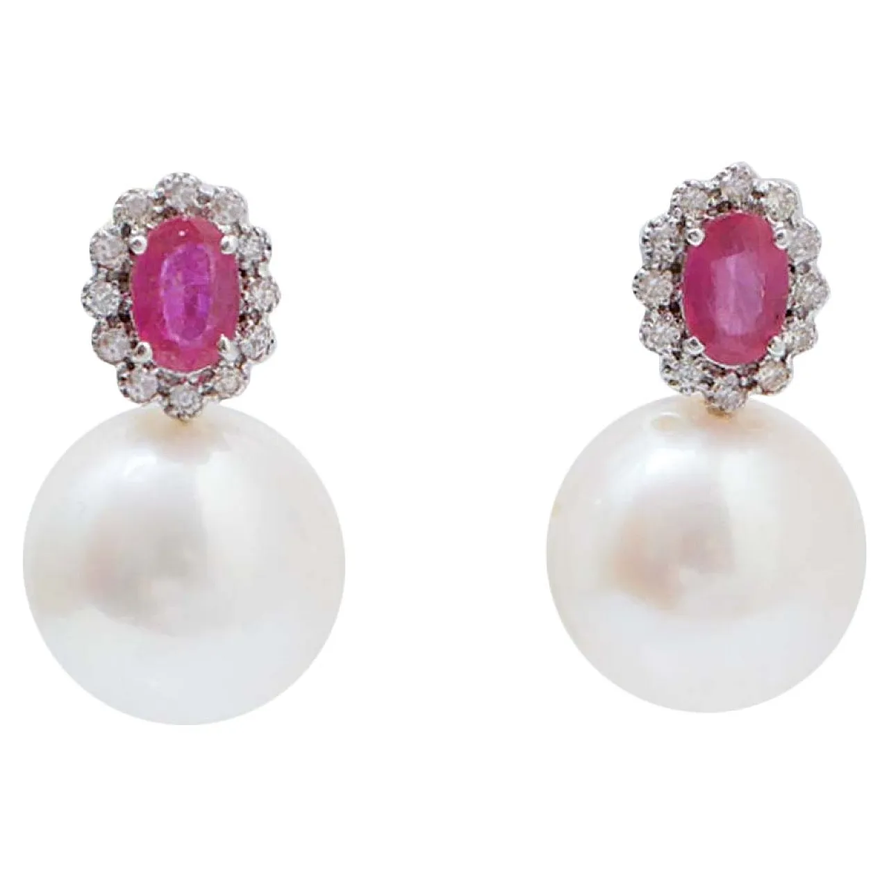 Earrings with pearls, rubies, diamonds, 18K white gold, 2000s 1
