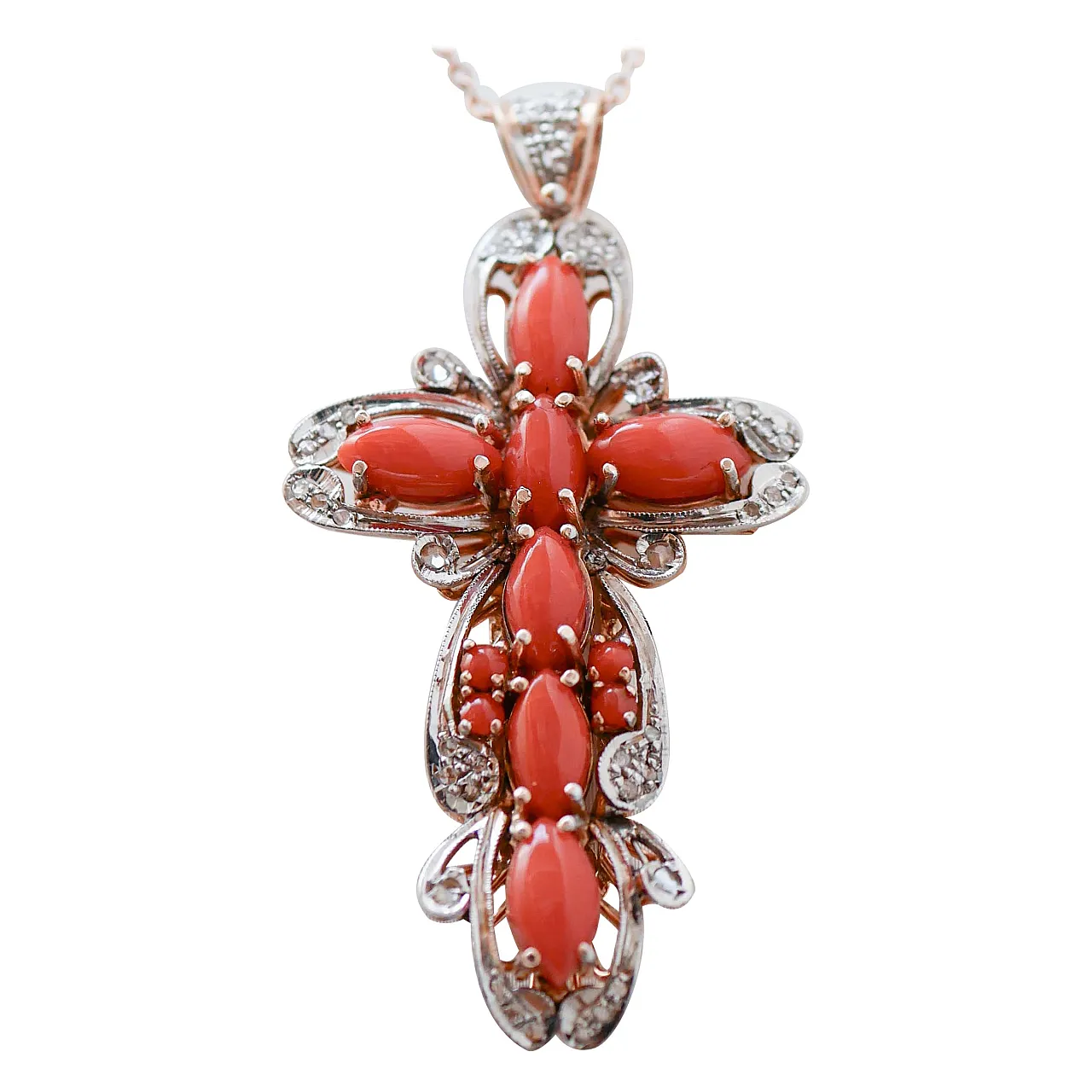 Collana a croce in corallo, diamanti, oro e argento, anni '60 1