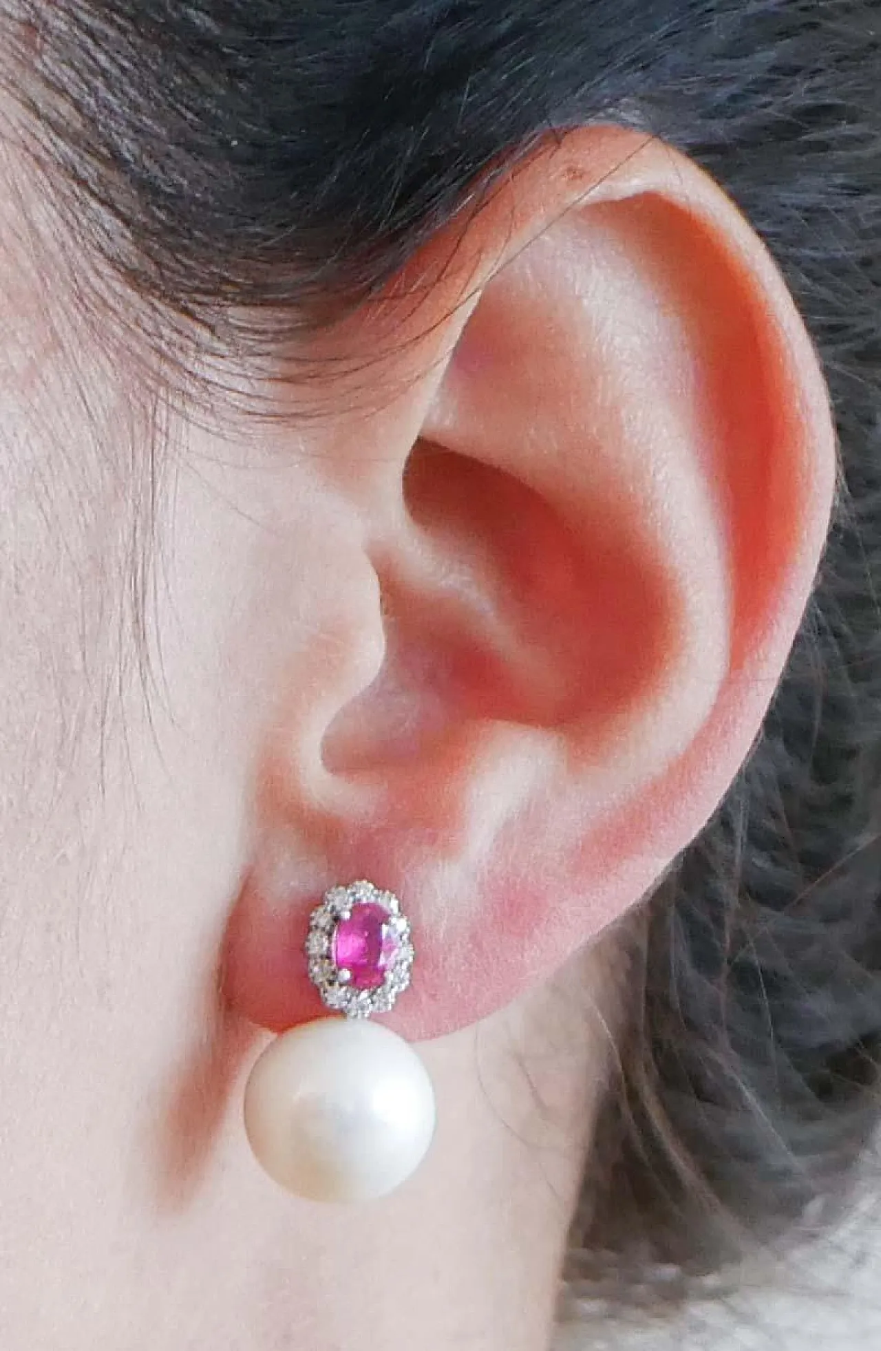 Earrings with pearls, rubies, diamonds, 18K white gold, 2000s 4
