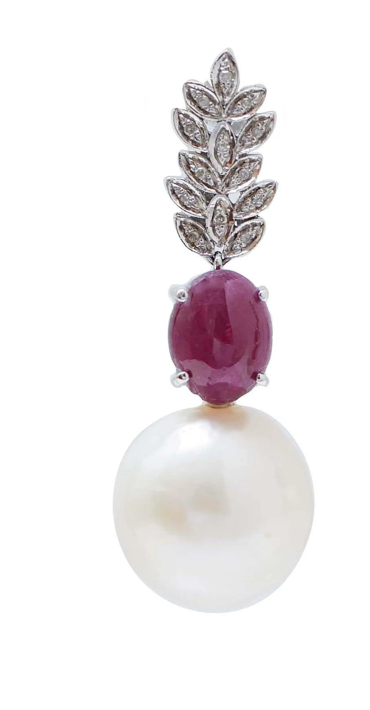 White gold earrings with pearls, rubies, diamonds, 1980s 2