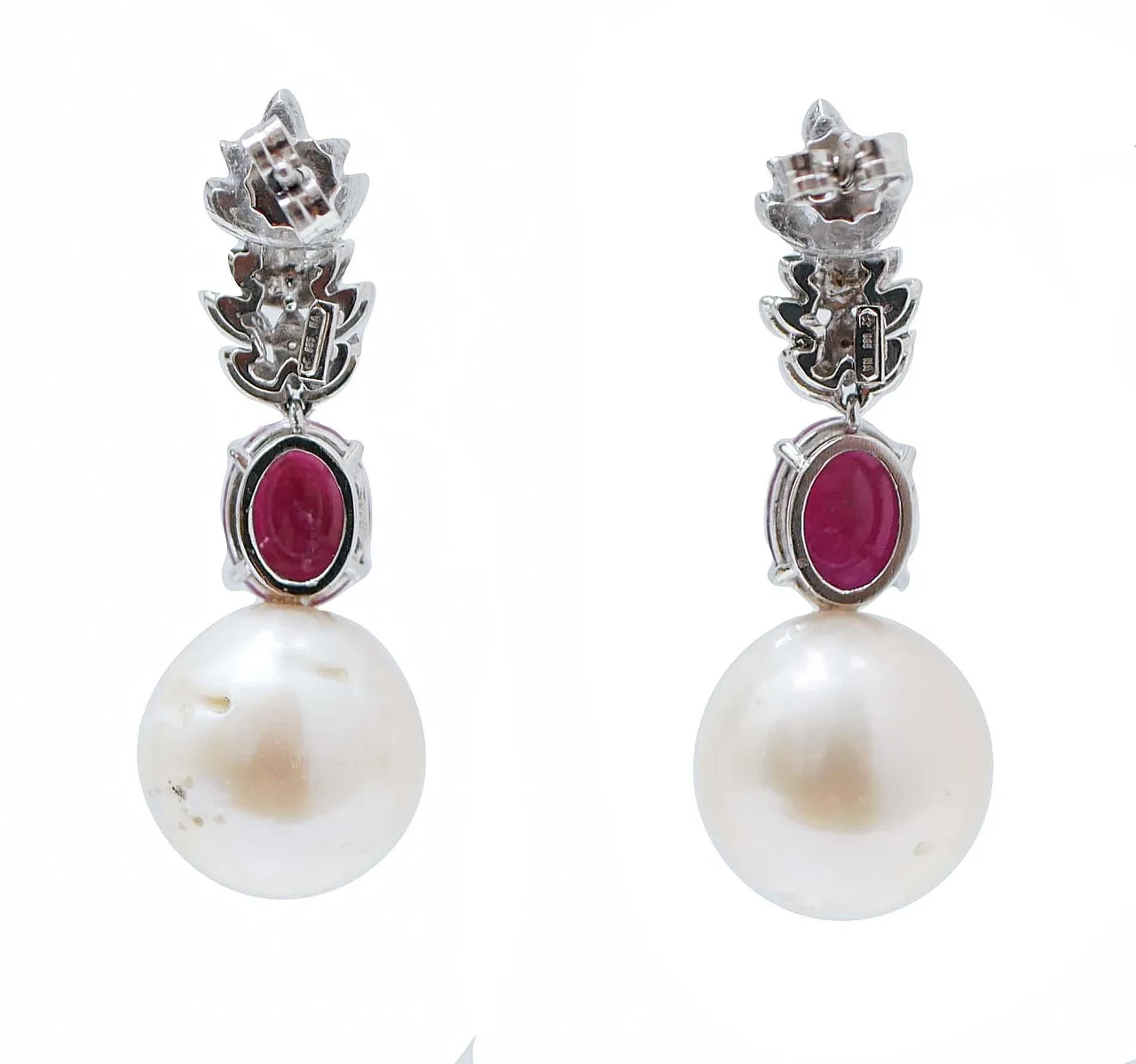 White gold earrings with pearls, rubies, diamonds, 1980s 3