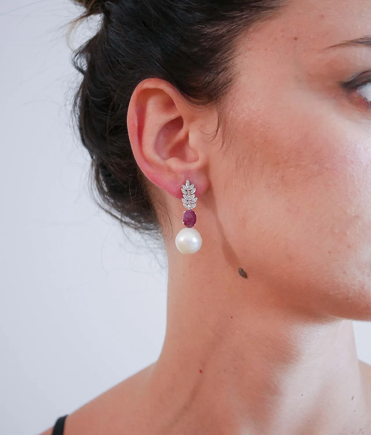 White gold earrings with pearls, rubies, diamonds, 1980s 4