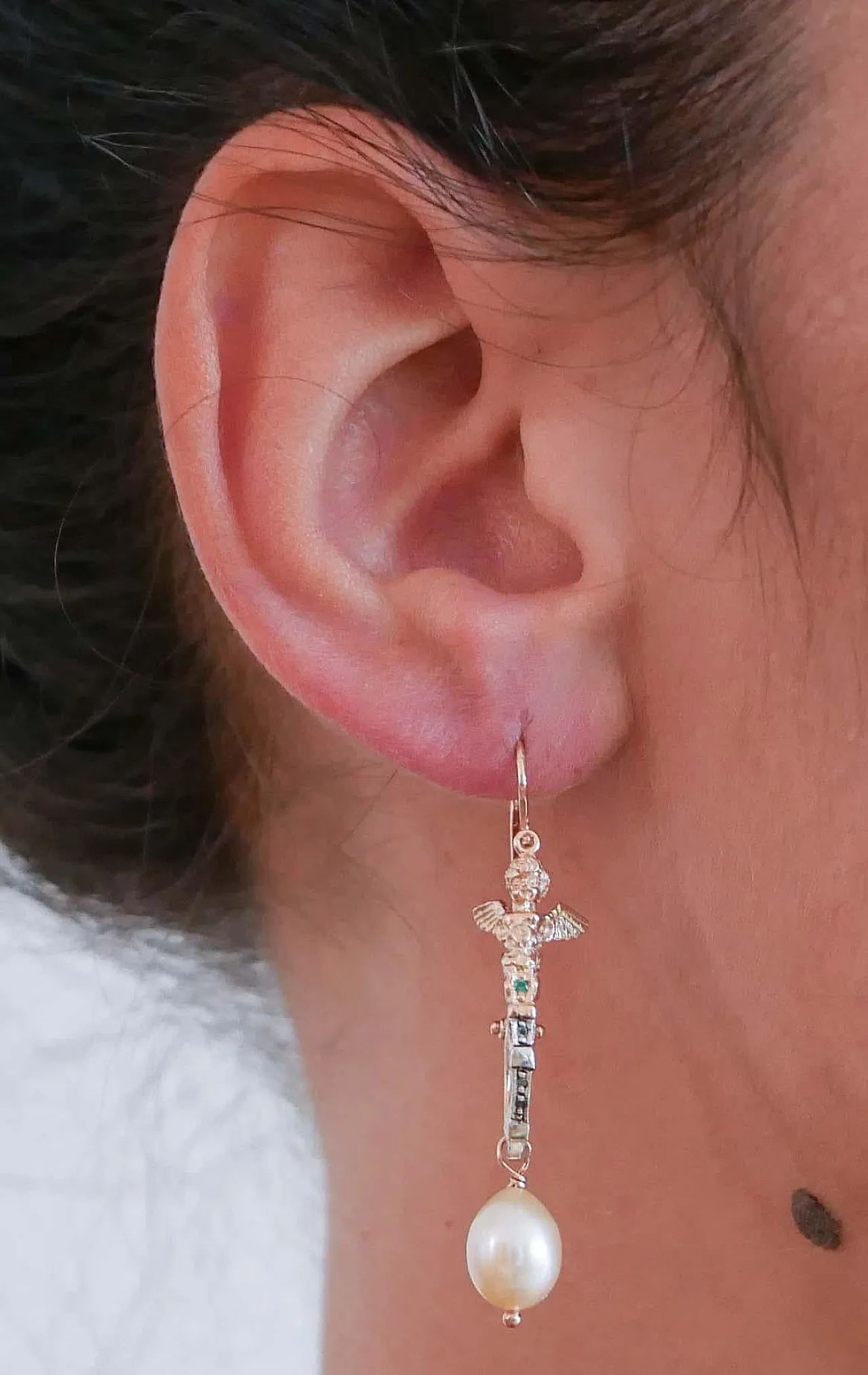 Orecchini con perle, tsavorite, diamanti, oro rosa e argento, anni '60 6