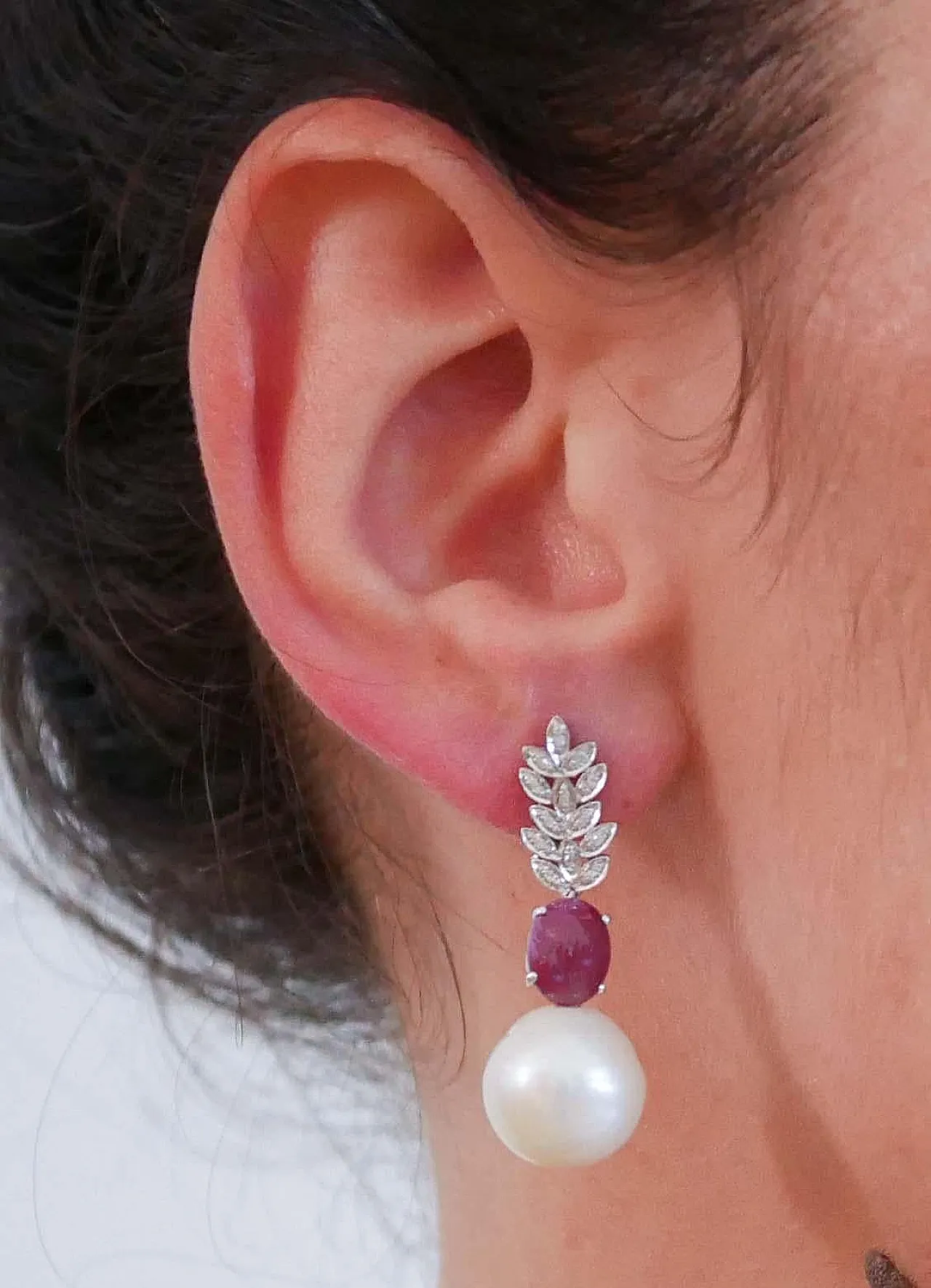 White gold earrings with pearls, rubies, diamonds, 1980s 5